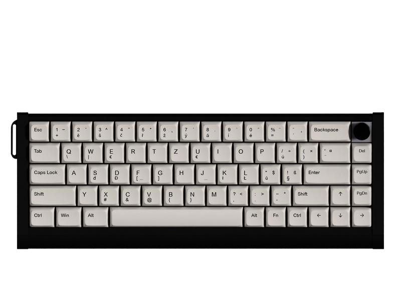 A compact black mechanical keyboard with light gray keycaps and a black bezel, shown from a top-down perspective on a white background.