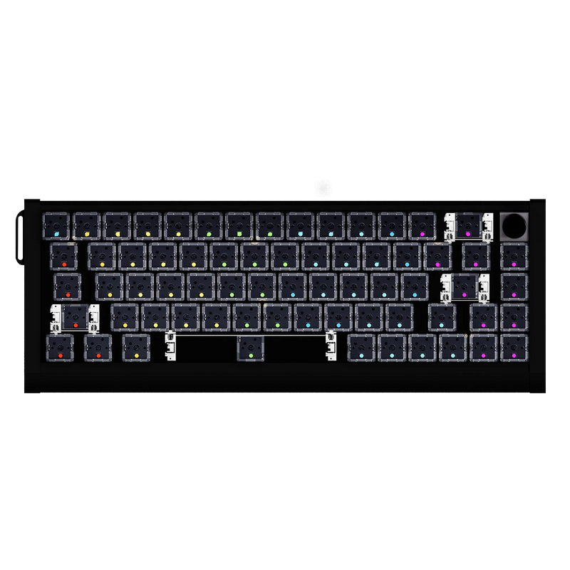 A top-down view of a black mechanical keyboard chassis with exposed switches and RGB lighting accents, isolated on a white background.