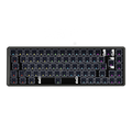 A top-down view of a black mechanical keyboard with unboxed switches and multicolor RGB backlighting, shown against a solid white background.
