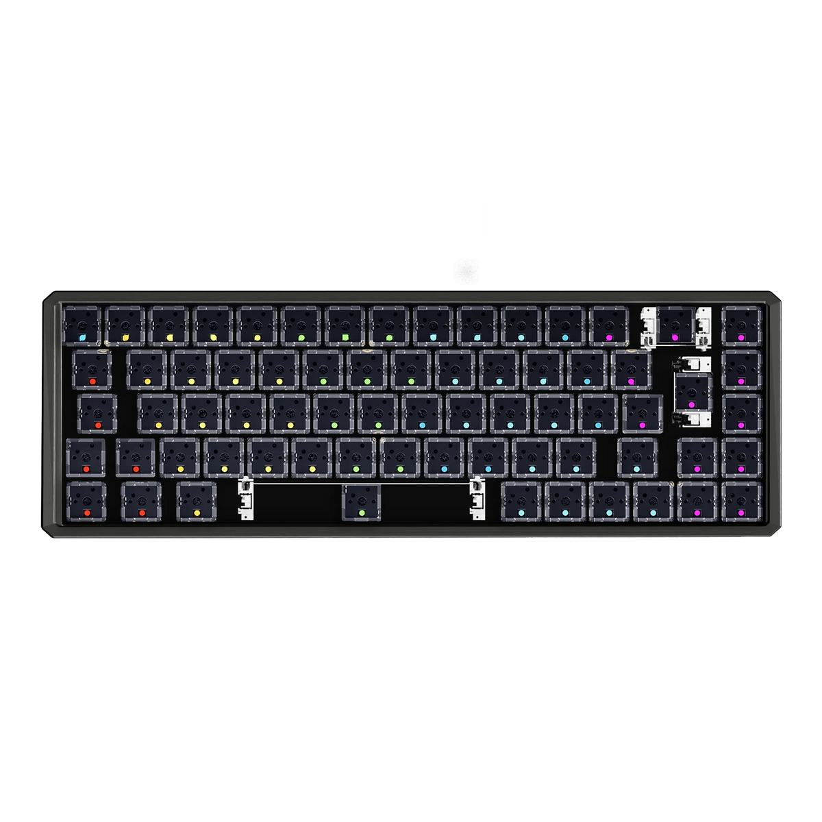 A top-down view of a black mechanical keyboard with unboxed switches and multicolor RGB backlighting, shown against a solid white background.