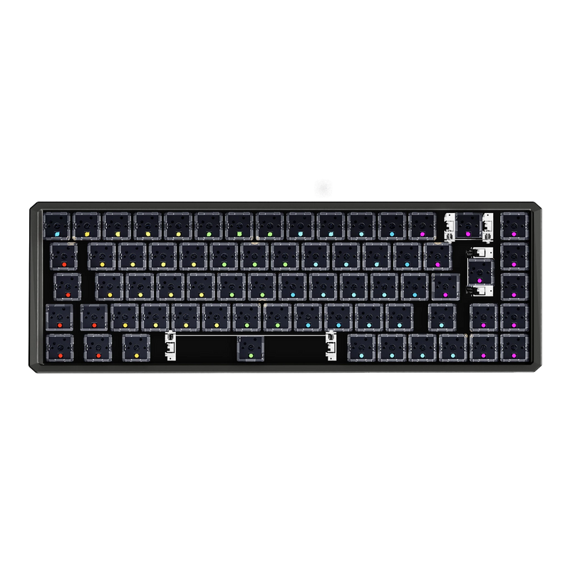 A top-down view of a black mechanical keyboard with RGB backlighting on a solid white background.