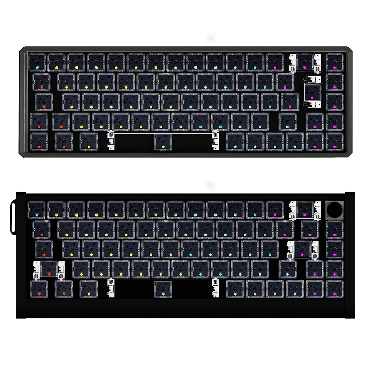 Two views of a barebones mechanical keyboard chassis on a white background, showing the top and bottom layouts with black switches and RGB lighting accents.