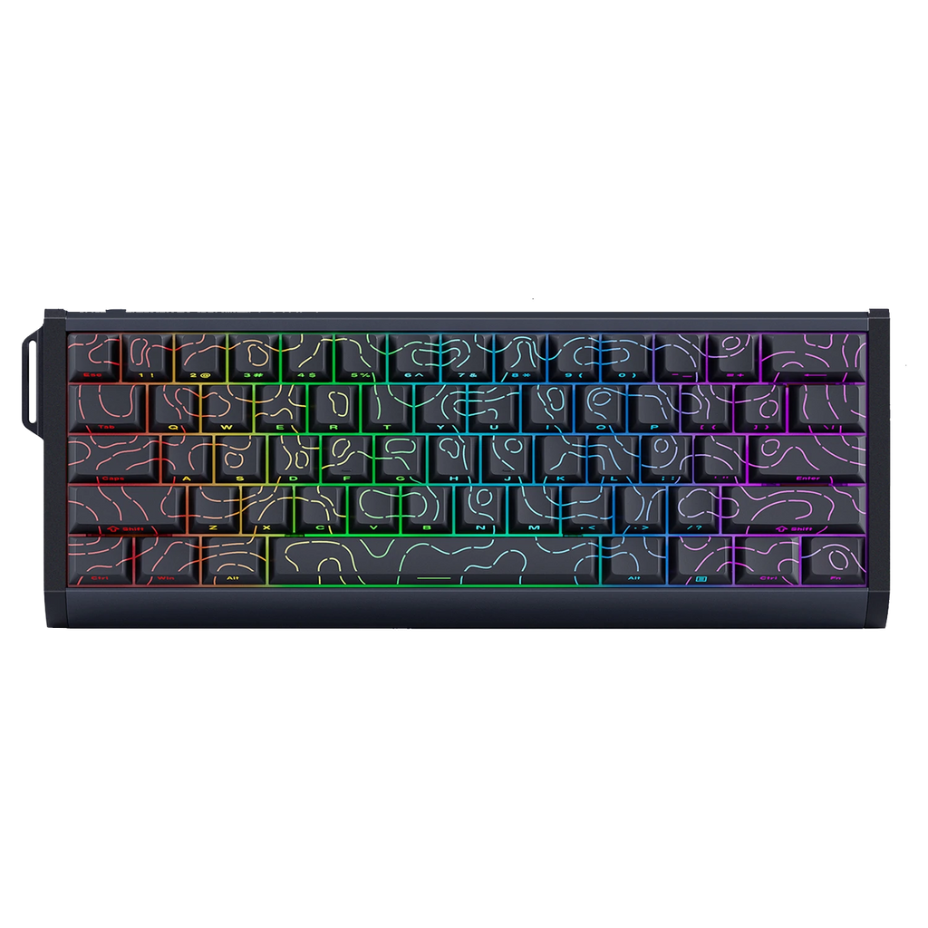 A compact mechanical keyboard with a black chassis and white topographic contour line graphics on each keycap, illuminated by a full RGB rainbow backlight.