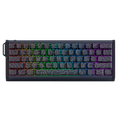 A compact mechanical keyboard with a black chassis and white topographic contour line graphics on each keycap, illuminated by a full RGB rainbow backlight.