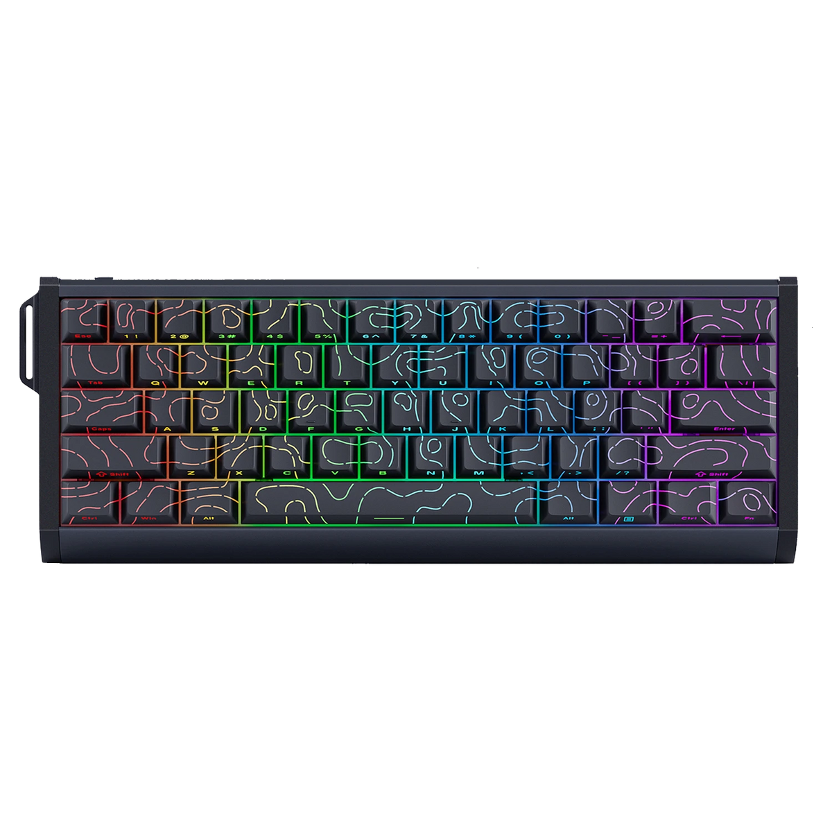 A compact mechanical keyboard with a black chassis and white topographic contour line graphics on each keycap, illuminated by a full RGB rainbow backlight.