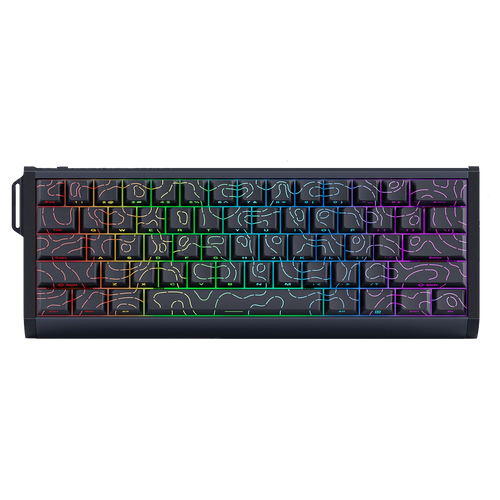 A compact mechanical keyboard with a black chassis and white topographic contour line graphics on each keycap, illuminated by a full RGB rainbow backlight.