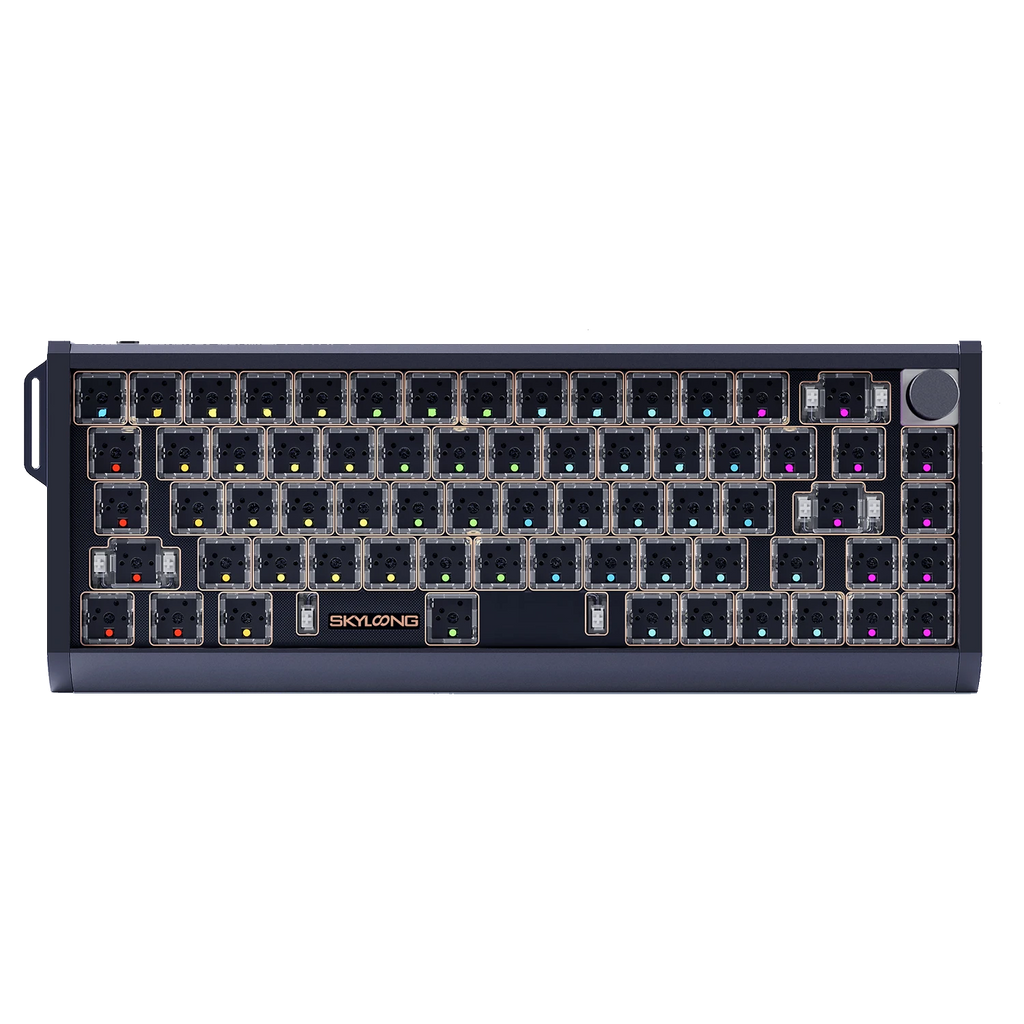 A compact mechanical keyboard with a dark gray frame and multiple RGB backlighted switches, shown from a top-down perspective on a white background. The brand name 'SKYLONG' is printed in gold on the black palm rest.