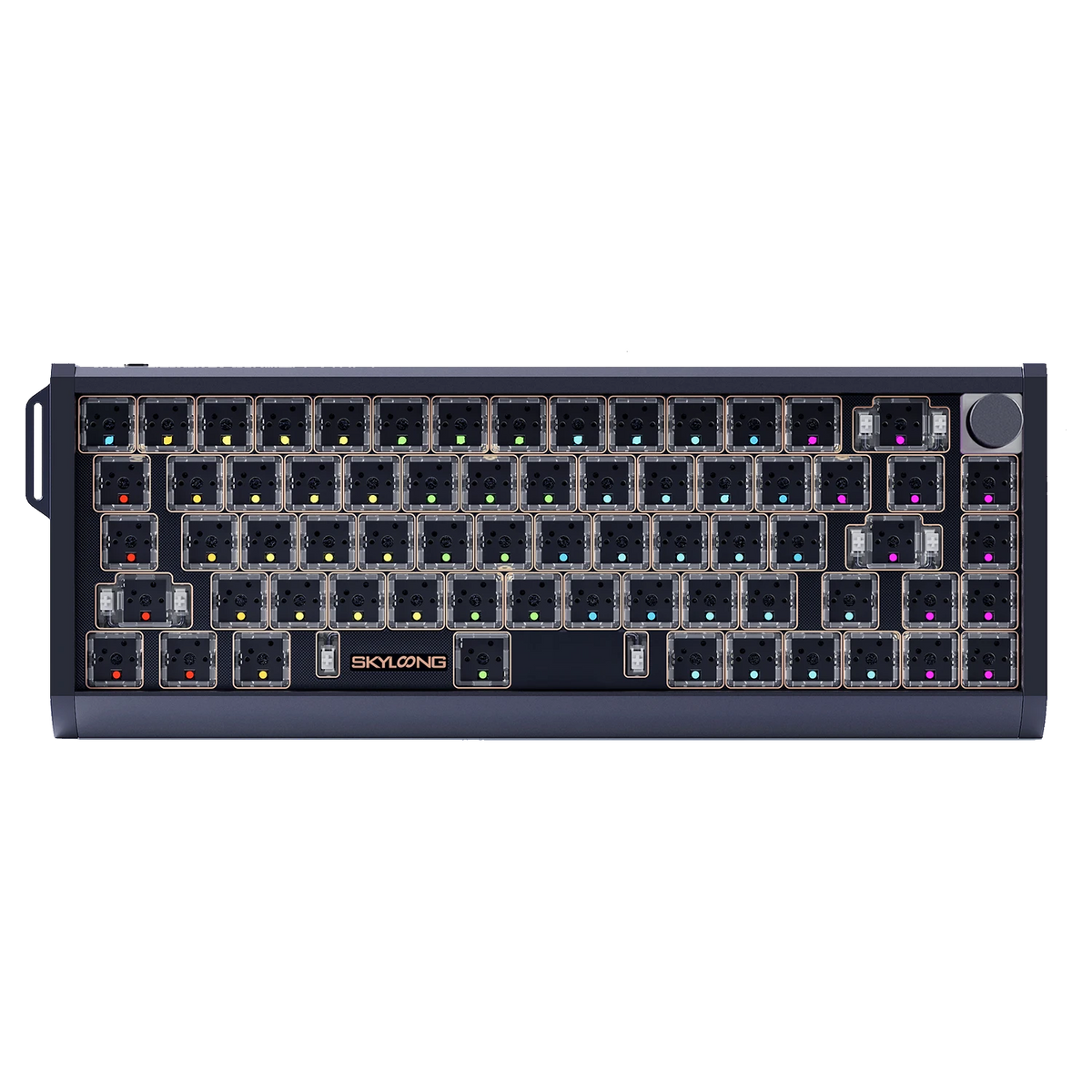 A compact mechanical keyboard with a dark gray frame and multiple RGB backlighted switches, shown from a top-down perspective on a white background. The brand name 'SKYLONG' is printed in gold on the black palm rest.