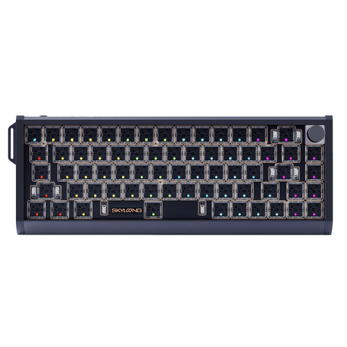 A compact mechanical keyboard with a dark gray frame and multiple RGB backlighted switches, shown from a top-down perspective on a white background. The brand name 'SKYLONG' is printed in gold on the black palm rest.