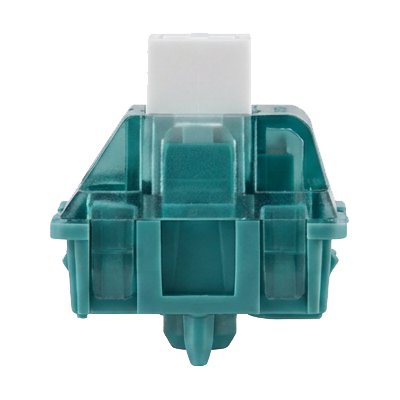 A translucent teal mechanical keyboard switch housing with a white actuator keycap, shown against a plain white background.