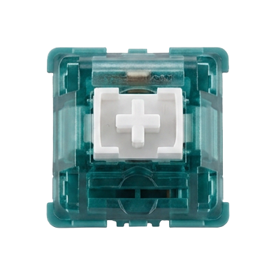 A single mechanical keyboard switch keycap shown from the top, featuring a translucent teal-green housing and a white central mushroom cap with a plus sign.