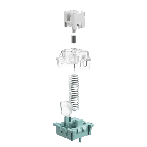 An exploded view of a mechanical keyboard switch showing its internal components: a white top plate, a clear stem, a silver coil spring, a clear plate, and a mint green bottom base, isolated on a white background.