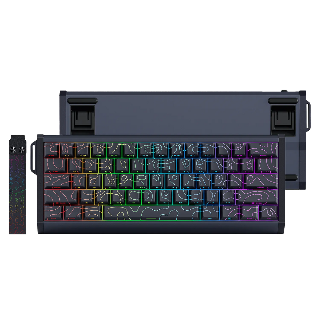 A compact mechanical keyboard with a dark gray frame and multicolor RGB backlighting, shown in front of its matching dark gray carrying case on a plain white background.