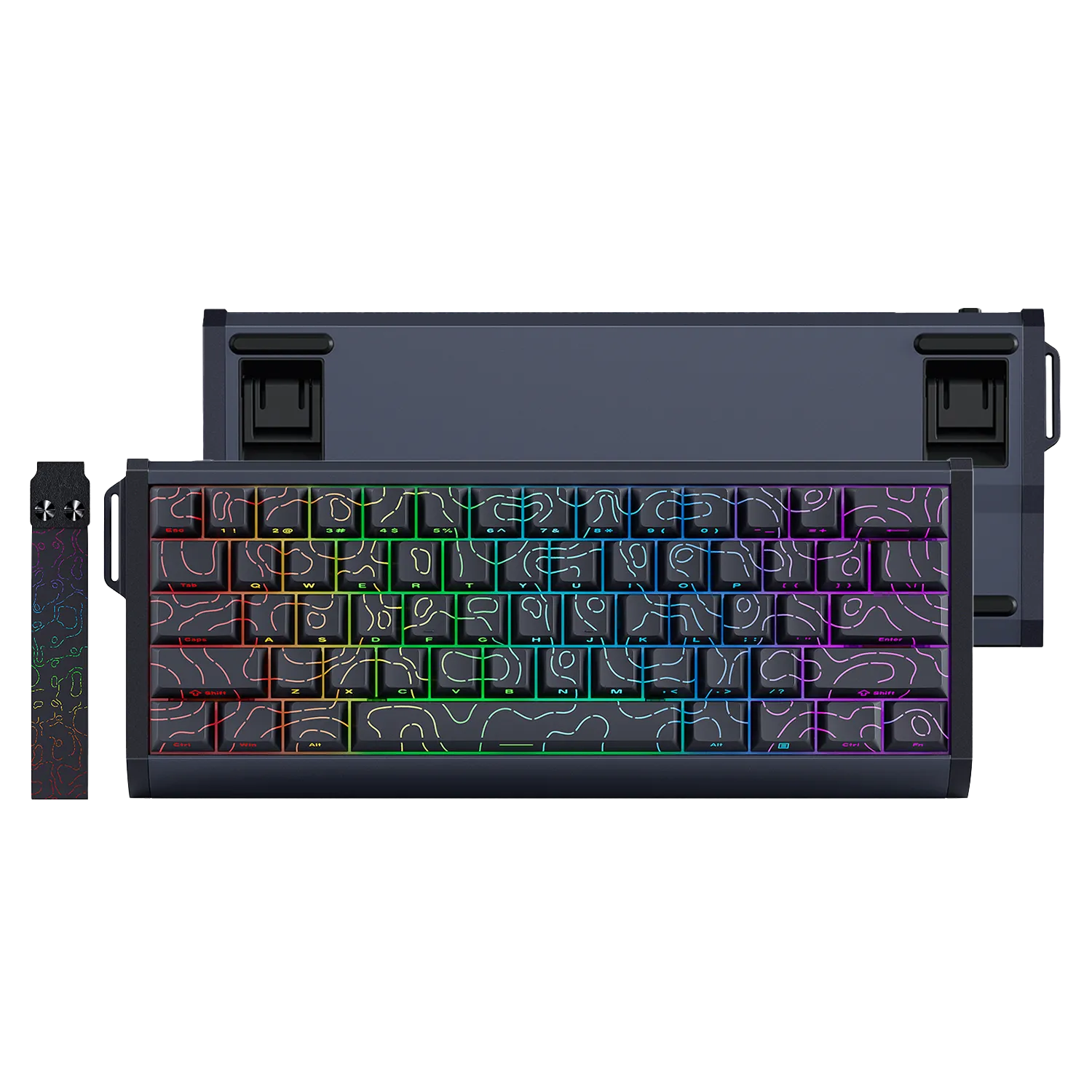 A compact mechanical keyboard with a dark gray frame and multicolor RGB backlighting, shown in front of its matching dark gray carrying case on a plain white background.