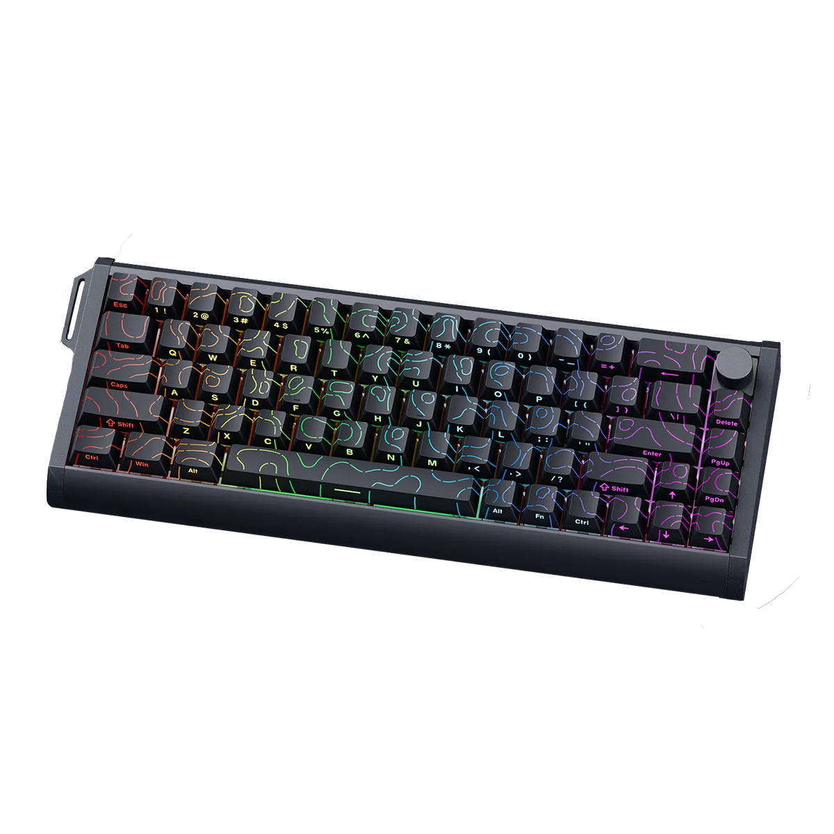 A 75% mechanical gaming keyboard with a black frame and RGB rainbow backlighting, shown at an angle on a white background.