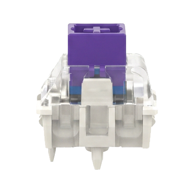 A mechanical keyboard switch keycap shown from the front, featuring a purple top cap and a clear plastic switch body with internal blue and silver contacts.