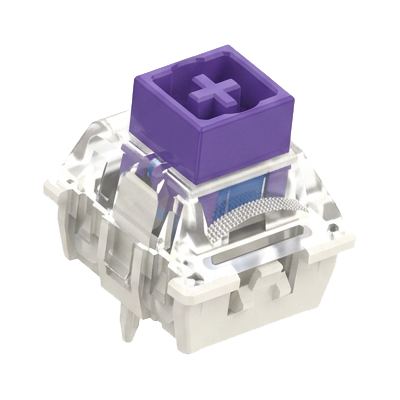A single mechanical keyboard switch shown on a plain white background, with a purple top plate and a mostly clear/translucent housing.