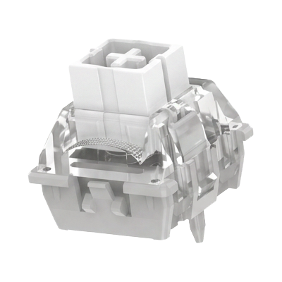 A translucent white mechanical keyboard switch module with a white top plate and internal gray and silver components, shown on a plain white background.