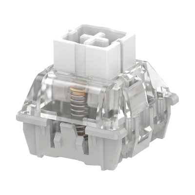 A single mechanical keyboard switch shown on a plain white background, with a transparent clear housing and a light gray top plate.