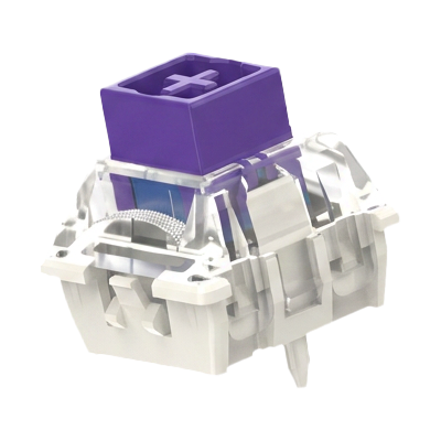 A mechanical keyboard switch keycap shown from an angled top-down view. The keycap features a solid purple top plate with a white cross symbol in the center, mounted on a clear and white switch housing.
