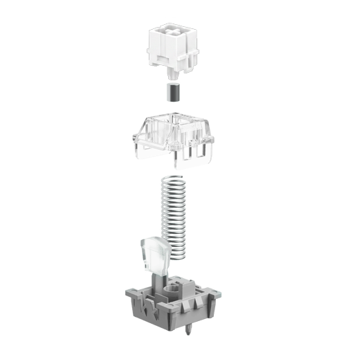 A mechanical keyboard switch component shown in an exploded vertical assembly on a plain white background, with a white top housing, clear transparent top plate, silver coil spring, and gray bottom base.