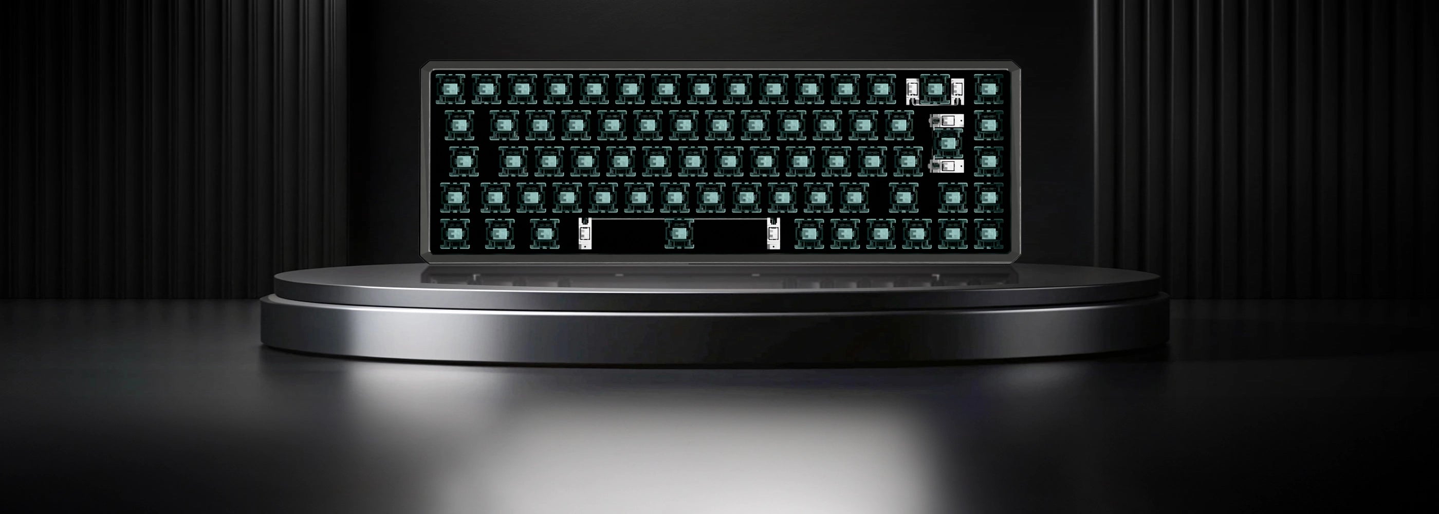 A sleek, modern mechanical keyboard with glowing green backlighting, displayed on a circular black stand against a dark, vertically textured background.