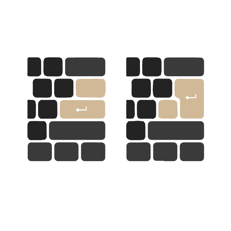 Two minimalist rectangular wall art panels with rounded corners, shown side by side on a white background. Each panel features a pattern of dark gray and beige blocks, with small white left-pointing arrow icons inside two of the beige sections.