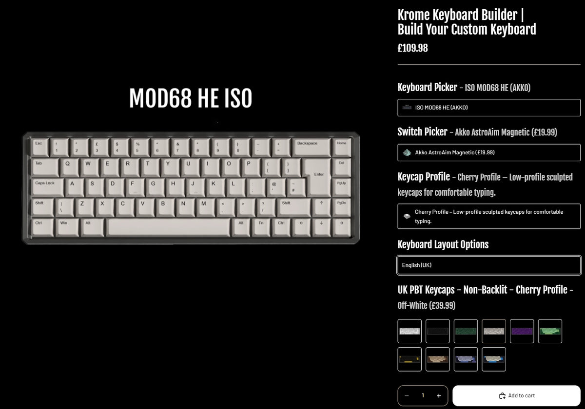 A promotional graphic for the Krome Keyboard Builder showing a silver MOD68 HE ISO mechanical keyboard on a black background, with product customization options listed on the right.