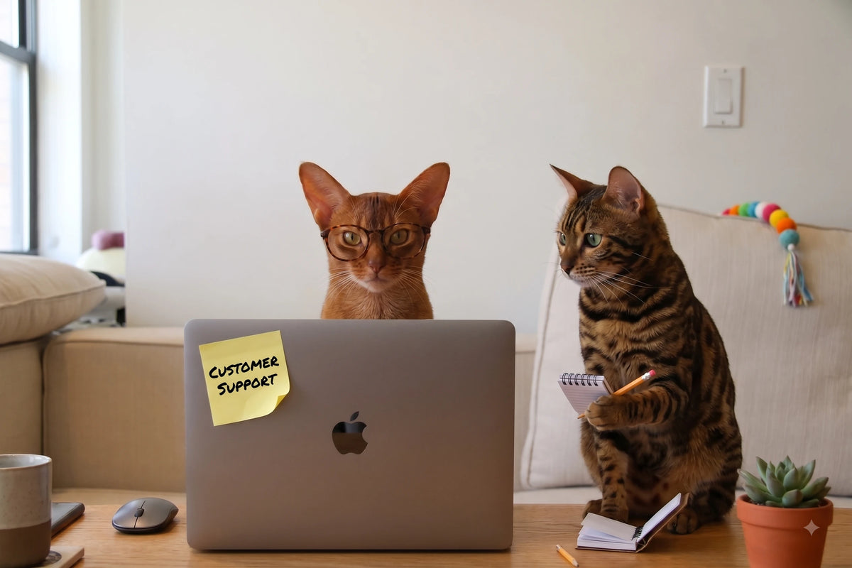 Two cats posed as a customer support team behind a laptop with a yellow sticky note that reads 'CUSTOMER SUPPORT'. One cat wears glasses, and the other holds a notepad and pencil, set in a cozy living room environment.