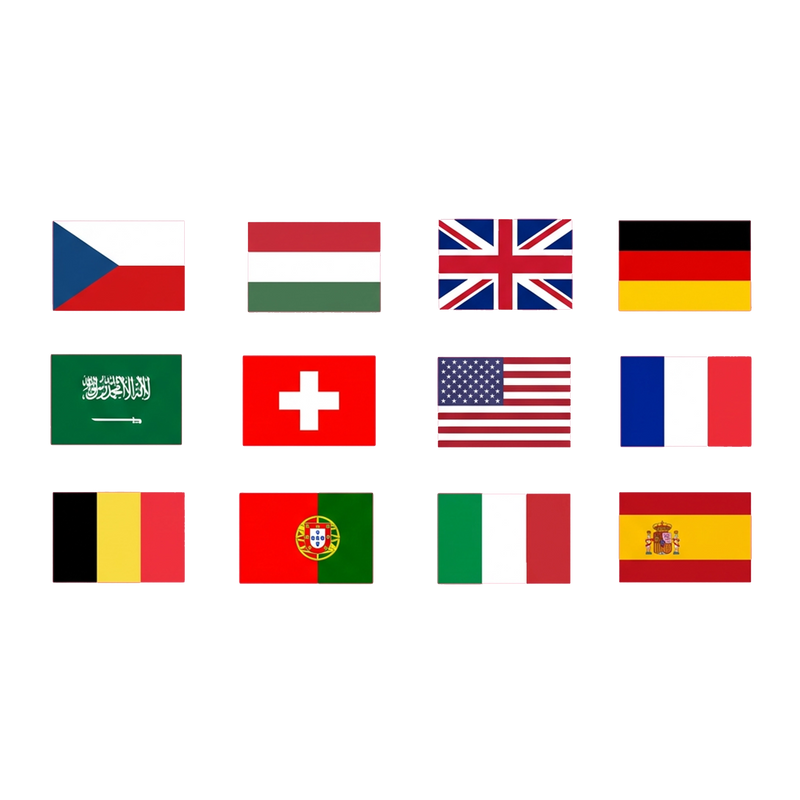 A grid of twelve national flags on a plain white background, including the Czech Republic, Hungary, United Kingdom, Germany, Saudi Arabia, Switzerland, United States, France, Belgium, Portugal, Italy, and Spain.