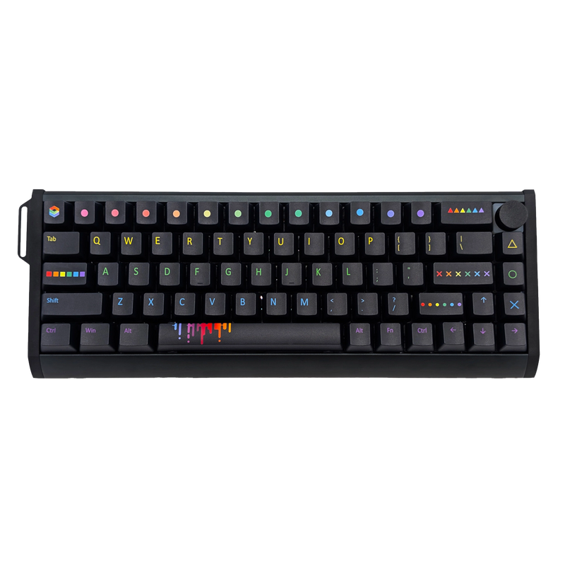 A compact black mechanical keyboard with colorful, illuminated decorative keycaps and a small side loop, shown against a plain white background.